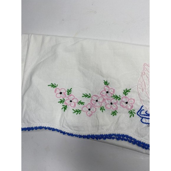 Vintage Embroidered Pillowcase Praying Hands Pink Flowers 20" X 29" Cotton - Picture 2 of 5
